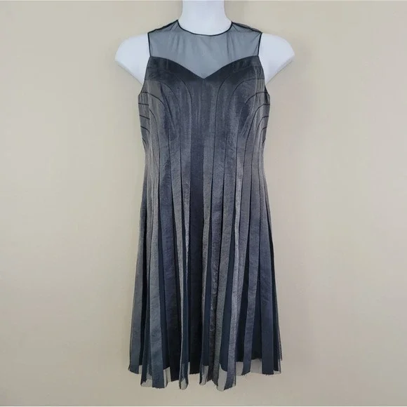 ADRIANNA PAPELL Size 12P Blue Gray Metallic Pleated Formal Party Cocktail Dress - Picture 2 of 9